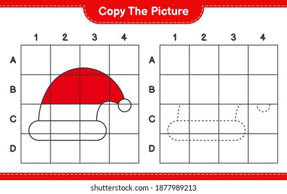 Copy the picture, copy the picture of Santa Hat using grid lines. Educational children game, printable worksheet, vector illustration