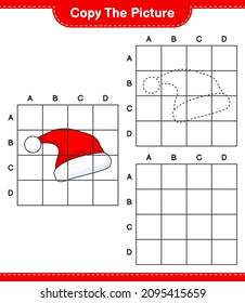 Copy the picture, copy the picture of Santa Hat using grid lines. Educational children game, printable worksheet, vector illustration