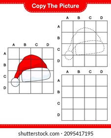 Copy the picture, copy the picture of Santa Hat using grid lines. Educational children game, printable worksheet, vector illustration