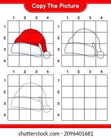 Kopieren Sie das Bild und kopieren Sie das Bild von Santa Hat mit Gitterlinien. Kinderspiel, druckbares Arbeitsblatt, Vektorgrafik