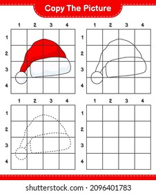 Copy the picture, copy the picture of Santa Hat using grid lines. Educational children game, printable worksheet, vector illustration
