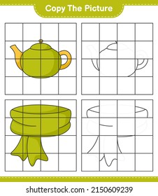 Copie la imagen, copie la imagen de Scarf y Teapot utilizando líneas de cuadrícula. Juego infantil educativo, hoja de cálculo imprimible, ilustración vectorial