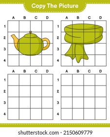 Copie la imagen, copie la imagen de Scarf y Teapot utilizando líneas de cuadrícula. Juego infantil educativo, hoja de cálculo imprimible, ilustración vectorial