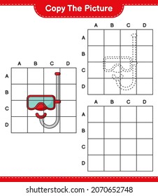 Copiar la imagen, copiar la imagen de la máscara de buceo de Scuba usando líneas de cuadrícula. Juego infantil educativo, hoja de cálculo imprimible, ilustración vectorial