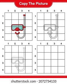 Copy the picture, copy the picture of Scuba Diving Mask using grid lines. Educational children game, printable worksheet, vector illustration