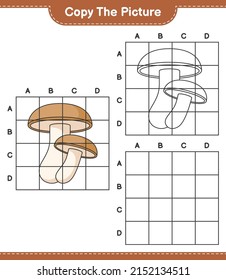 Copy the picture, copy the picture of Shiitake using grid lines. Educational children game, printable worksheet, vector illustration