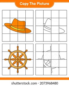 Copy the picture, copy the picture of Ship Steering Wheel and Summer Hat using grid lines. Educational children game, printable worksheet, vector illustration