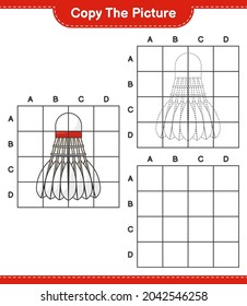 Copiar la imagen, copiar la imagen de Shuttlecock utilizando líneas de cuadrícula. Juego infantil educativo, hoja de cálculo imprimible, ilustración vectorial