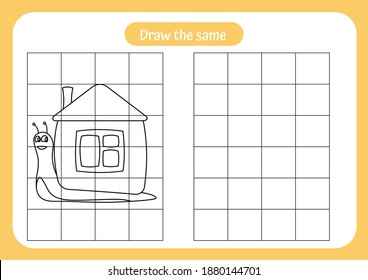 Copy the picture of snail - use the grid and example. Educational game for children. Handwriting and drawing practice. Vector illustration. Nature theme activity for toddlers, kids.