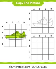 Copy the picture, copy the picture of Sneaker using grid lines. Educational children game, printable worksheet, vector illustration
