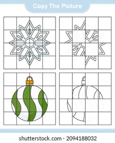 Copie la imagen, copie la imagen del copo de nieve y la bola de Navidad usando líneas de cuadrícula. Juego infantil educativo, hoja de cálculo imprimible, ilustración vectorial