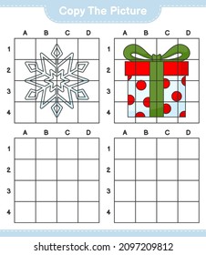 Kopieren Sie das Bild, kopieren Sie das Bild von Snowflake und Geschenkbox mit Gitterlinien. Kinderspiel, druckbares Arbeitsblatt, Vektorgrafik