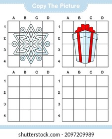 Copy the picture, copy the picture of Snowflake and Gift Box using grid lines. Educational children game, printable worksheet, vector illustration