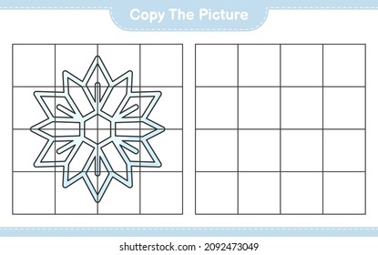 Copy the picture, copy the picture of Snowflake using grid lines. Educational children game, printable worksheet, vector illustration