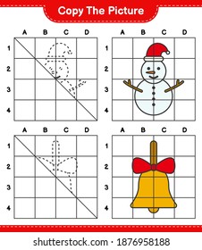 Copy the picture, copy the picture of Snowman and Golden Christmas Bells using grid lines. Educational children game, printable worksheet, vector illustration