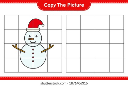 Copy the picture, copy the picture of Snowman using grid lines. Educational children game, printable worksheet, vector illustration