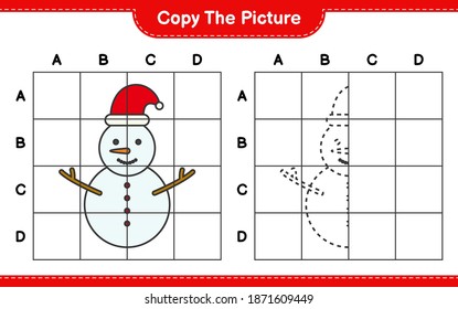 Copy the picture, copy the picture of Snowman using grid lines. Educational children game, printable worksheet, vector illustration