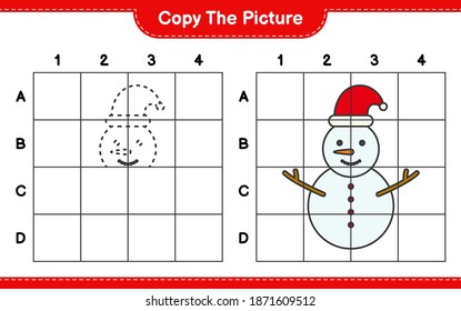 Kopieren Sie das Bild und kopieren Sie das Bild von Snowman mithilfe von Rasterlinien. Kinderspiel, druckbares Arbeitsblatt, Vektorgrafik