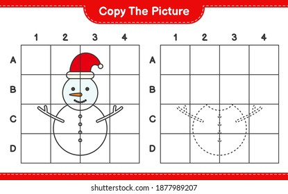 Copy the picture, copy the picture of Snowman using grid lines. Educational children game, printable worksheet, vector illustration