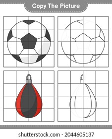 Copie la imagen, copie la imagen de Soccer Ball y Punching Bag utilizando líneas de cuadrícula. Juego infantil educativo, hoja de cálculo imprimible, ilustración vectorial