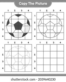 Copie la imagen, copie la imagen de Soccer Ball utilizando líneas de cuadrícula. Juego infantil educativo, hoja de cálculo imprimible, ilustración vectorial