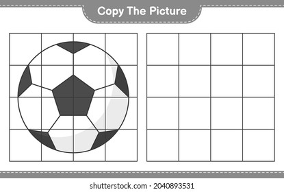 Copie la imagen, copie la imagen de Soccer Ball utilizando líneas de cuadrícula. Juego infantil educativo, hoja de cálculo imprimible, ilustración vectorial