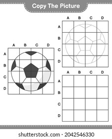 Copie la imagen, copie la imagen de Soccer Ball utilizando líneas de cuadrícula. Juego infantil educativo, hoja de cálculo imprimible, ilustración vectorial