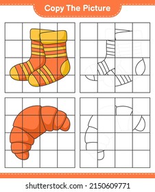 Kopieren Sie das Bild, kopieren Sie das Bild von Socken und Croissant mithilfe von Rasterlinien. Kinderspiel, druckbares Arbeitsblatt, Vektorgrafik