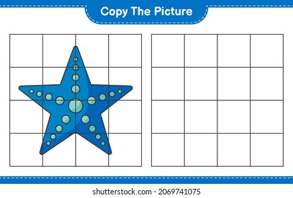 Copy the picture, copy the picture of Starfish using grid lines. Educational children game, printable worksheet, vector illustration