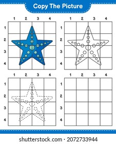 Copie la imagen, copie la imagen de Starfish utilizando líneas de cuadrícula. Juego infantil educativo, hoja de cálculo imprimible, ilustración vectorial