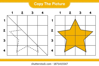 Copy the picture, copy the picture of Stars using grid lines. Educational children game, printable worksheet, vector illustration