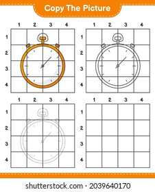 Copie la imagen, copie la imagen de Stopwatch utilizando líneas de cuadrícula. Juego infantil educativo, hoja de cálculo imprimible, ilustración vectorial