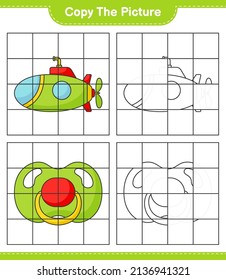 Copy the picture, copy the picture of Submarine and Pacifier using grid lines. Educational children game, printable worksheet, vector illustration