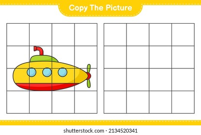 Copy the picture, copy the picture of Submarine using grid lines. Educational children game, printable worksheet, vector illustration