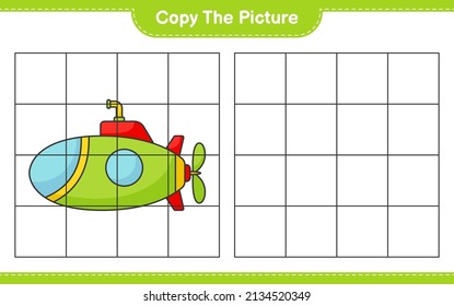 Copie la imagen, copie la imagen de Submarine utilizando líneas de cuadrícula. Juego infantil educativo, hoja de cálculo imprimible, ilustración vectorial