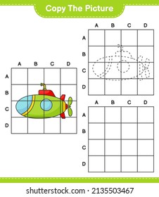 Copie la imagen, copie la imagen de Submarine utilizando líneas de cuadrícula. Juego infantil educativo, hoja de cálculo imprimible, ilustración vectorial