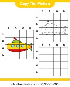 Copy the picture, copy the picture of Submarine using grid lines. Educational children game, printable worksheet, vector illustration