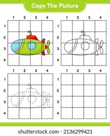 Kopieren Sie das Bild, kopieren Sie das Bild von U-Boot mit Gitterlinien. Kinderspiel, druckbares Arbeitsblatt, Vektorgrafik