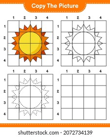 Copy the picture, copy the picture of Sun using grid lines. Educational children game, printable worksheet, vector illustration