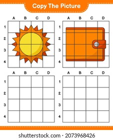 Copy the picture, copy the picture of Sun and Wallet using grid lines. Educational children game, printable worksheet, vector illustration