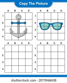 Copie la imagen, copie la imagen de Gafas de sol y Anclaje utilizando líneas de cuadrícula. Juego infantil educativo, hoja de cálculo imprimible, ilustración vectorial