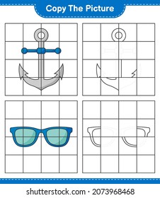 Copie la imagen, copie la imagen de Gafas de sol y Anclaje utilizando líneas de cuadrícula. Juego infantil educativo, hoja de cálculo imprimible, ilustración vectorial