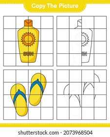Copy the picture, copy the picture of Sunscreen and Flip Flop using grid lines. Educational children game, printable worksheet, vector illustration