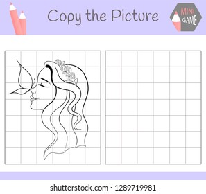 Copy the picture: sweet girl. Coloring book. Educational game for children. Vector illustration