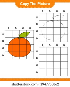 Copy the picture, copy the picture of Tangerin using grid lines. Educational children game, printable worksheet, vector illustration