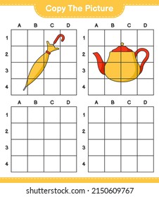 Copy the picture, copy the picture of Teapot and Umbrella using grid lines. Educational children game, printable worksheet, vector illustration