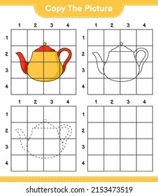 Copy the picture, copy the picture of Teapot using grid lines. Educational children game, printable worksheet, vector illustration