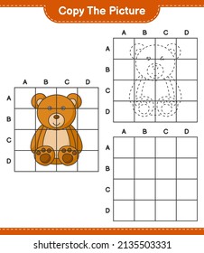 Copie la imagen, copie la imagen de Teddy Bear utilizando líneas de cuadrícula. Juego infantil educativo, hoja de cálculo imprimible, ilustración vectorial