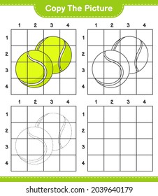 Copie la imagen, copie la imagen de Tennis Ball utilizando líneas de cuadrícula. Juego infantil educativo, hoja de cálculo imprimible, ilustración vectorial