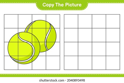 Copie la imagen, copie la imagen de Tennis Ball utilizando líneas de cuadrícula. Juego infantil educativo, hoja de cálculo imprimible, ilustración vectorial